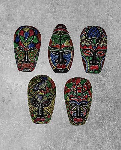 Set of 10 Colorful Hand Carved Tropical Island Dot Painted Tribal Masks 6 1/2 Inches High Wall Hangings | Dot-Painted Indonesian Designs