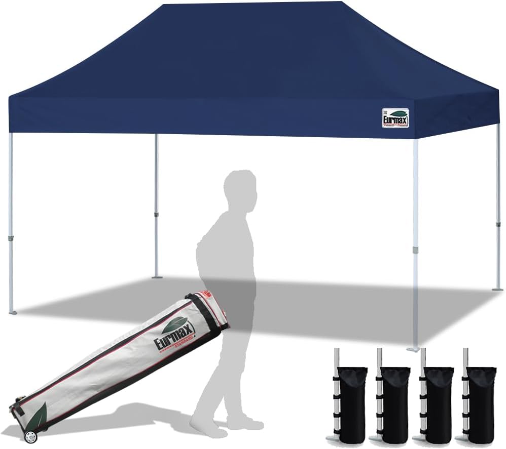 Eurmax USA 10x10ft Pop Up Canopy,Commercial Instant Tent for Outdoor Events,Patented No-Tip Rolling Storage Bag with 4 Sandbags,UV & Water Resistant,Heavy Duty Portable Shelter Gazebo,Black