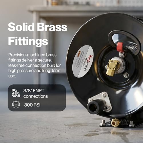 ReelWorks Air Hose Reel Tool Retractable Hand Crank 3/8" Inch x 100' Feet | 300 PSI / 20 BAR Heavy Duty Steel Construction, Hose Sold Separately