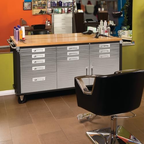 Seville Classics UltraHD Heavy Duty Rolling Cabinet Workbench Table w/Solid Wood Top, Workstation for Garage, Warehouse, Office, Workshop, 77" W x 20" D x 37.5" H, Graphite, 11-Drawer