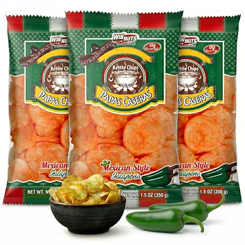 WINNUTS Jalapeño Chips Kettle Cooked (3 Pack, 5.6 oz Each) | Authentic Mexican Style Spicy Potatoes Chips | Homestyle "Papa Casera" for Parties