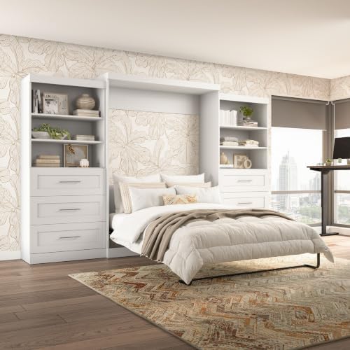 Bestar Pur Queen Murphy Bed with 2 Shelving Units, 136-inch Space-Saving Sleeping Arrangement with Storage | 2 Shelving Units, supports up to 1000 lb