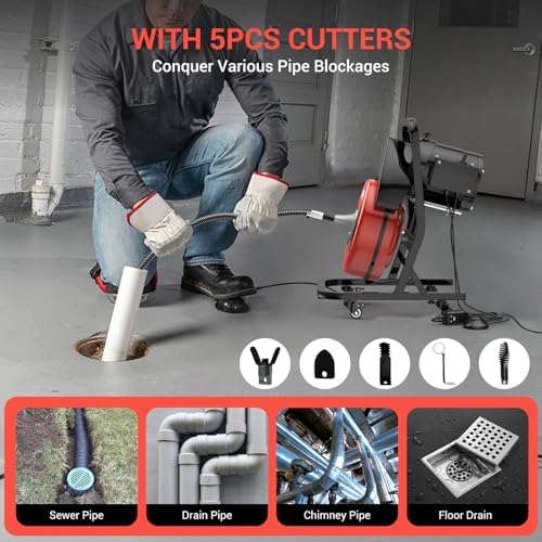 50FTx1/2 Inch Drain Cleaner Machine with Wheels, Sewer Snake Electric Drain for 2" to 4" Pipes