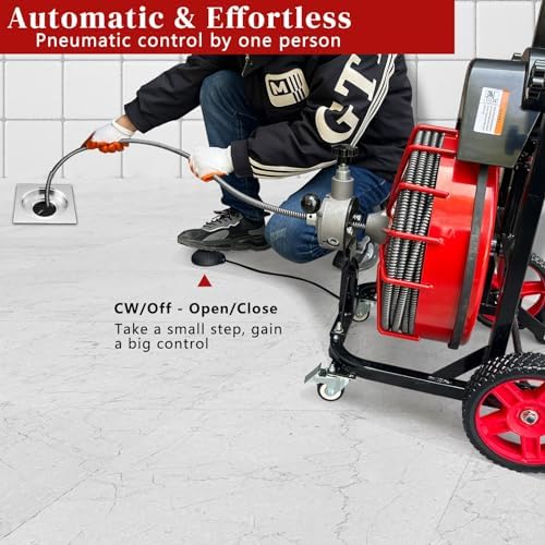 Drain Cleaner Machine, 100 ft x 1/2 in Sewer Auger for 1-4 in Pipes | 550W Motor with Auto-Feed Control, Air Foot Switch, GFCI Protection, 4 Cutters