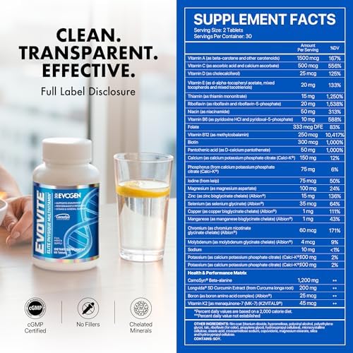Evogen Evovite Multivitamin Tablets | 30 Servings | Albion chelated minerals with CarnoSyn beta-alanine, Longvida curcumin, boron
