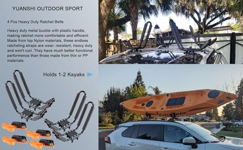2 Pairs Heavy Duty Kayak Roof Rack J-Bar Carrier Holder - Includes 4 Pcs Ratchet for Canoe, SUV, Cars, Truck, Surf Ski