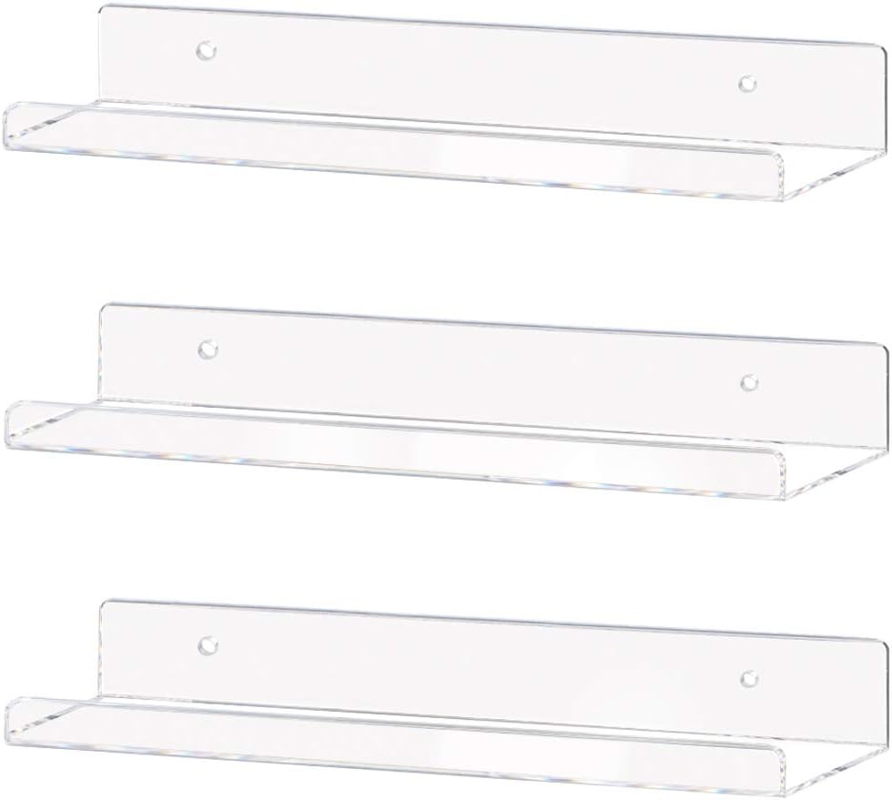 Weiai Clear Acrylic Shelves 15" Invisible Floating Wall Mount Display Bookshelf