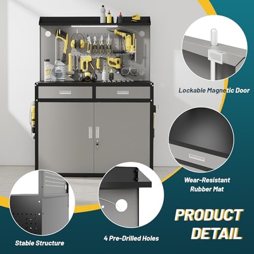 48" Heavy Duty Workbench with Drawers and Lockable Storage Cabinet- 2500 LBS Capacity Work Bench with Pegboard