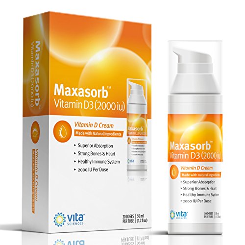 Vita Sciences Maxasorb Vitamin D3 Cream 2,000 IU, Topical Formula - 1.7 Oz | Delivers 2,000 IU of Topical Vitamin D3 Cream Per Pump - Fast-absorbing, Non-greasy, Paraben-Free Daily Skin Moisturizer.