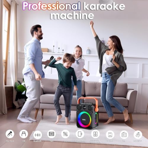 Karaoke Machine with 2 Wireless Microphones for Adults & Kids, 8000mAh Portable Bluetooth Speaker PA System with Lights, Supports AUX in/TF Card/FM/REC, Microphone Speaker Set for Home Party, Outdoor