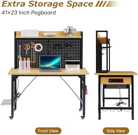 Zevemomo 48" Adjustable Height Workbench with Pegboard, Work Benches for Garage, Heavy Duty Wood Top Work Bench with Wheels, 2000 LBS Load Capacity