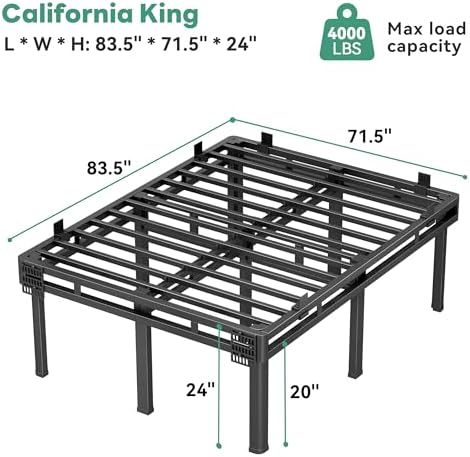 Superay 24 inch HIgh Queen Bed Frame with Rounded Legs, Double Layer Design | Metal Bed Frame & Box Spring 2 in 1 High Platform with Matress Gasket & headboard Adapter, Heavy Duty Support 4000lbs, Black