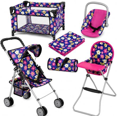 fash n kolor 4 Piece Baby Doll Play Set Flower Design Includes - Foldable Pack N Play, Baby Doll Stroller, Baby Doll High Chair, Infant Seat, Fits Up to 18'' Doll 4 Piece Doll Accessories Set