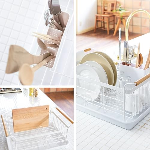 YAMAZAKI Home Dish Drying Rack – Modern White Dish Rack for Kitchen Counter with Removable Drying Tray and Cutlery Holder, Steel + Wood Dish Drying Organizer - Steel + Wood - | Modern dish drying rack organizer with steel and wood construction. Small spa…