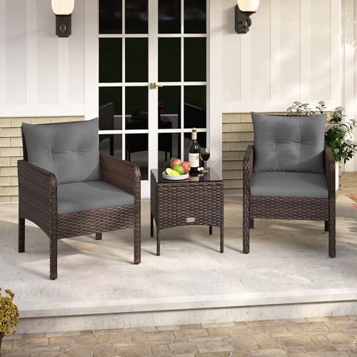 Tangkula 3 Piece Outdoor Patio Furniture Set, Wicker Chairs Set with Glass Top Coffee Table, Thick Cushions