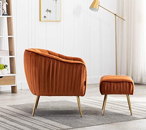 Velvet Modern Tub Barrel Arm Chair Upholstered Tufted with Gold Metal Legs Accent Club Chair with Ottoman Footrest for Living Reading Room Bedroom
