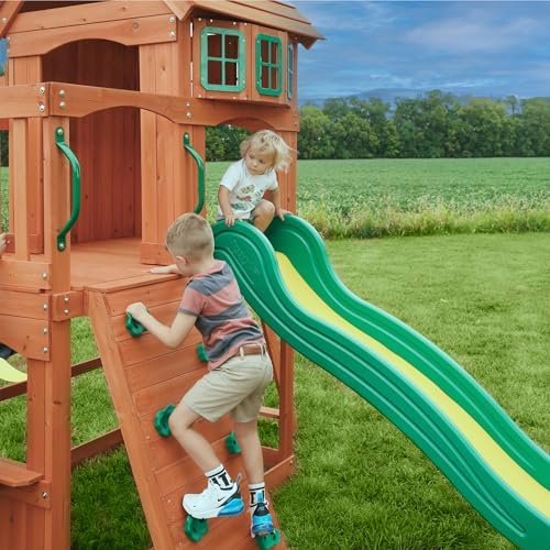 Backyard Discovery Atlantis Cedar Wood Swing Set with Wave Slide, Raised Clubhouse, Rock Wall, Belt Swings, Trapeze, Balcony, Lower Play Space
