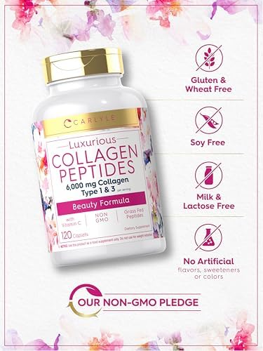 Carlyle Collagen Peptides with Vitamin C | 6000mg | 120 Caplets | Grass Fed Type I & III | Beauty Formula | Non-GMO, Gluten Free Supplement