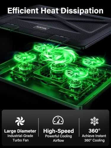 Kootek Laptop Cooling Pad Cooler Stand with 5 Quiet Fans for 12"-17" Laptop | 5 Fans, USB Powered, Laptop Cooling Stand with 2 USB Hub, 6 Adjustable Height, 360° Cooling Coverage, Anti-Slip, Blue LED
