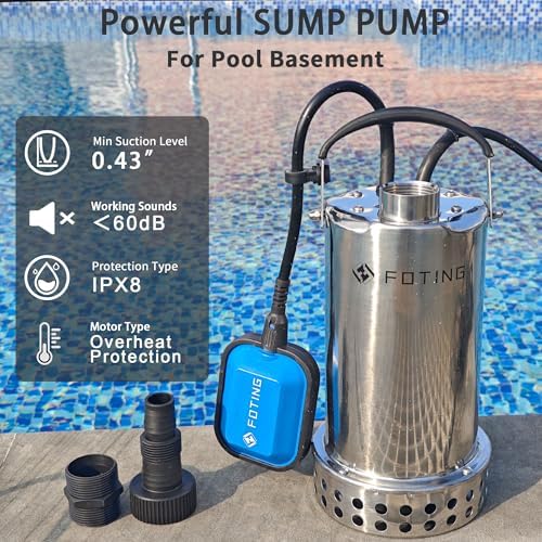 FOTING Full 304 Stainless Steel Sump Pump with Float Switch - 1HP 4600GPH Automatic Submersible Water Pump Fast Water Removal in Pools, Basements