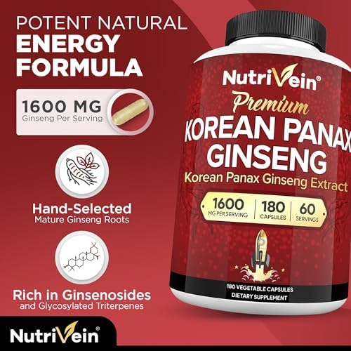 Nutrivein Korean Red Panax Ginseng 1600 mg - 180 Capsules, Extra Strength