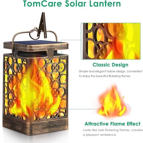 TomCare Solar Lanterns Outdoor, Flickering Flame Hanging Lights, 2 Pack