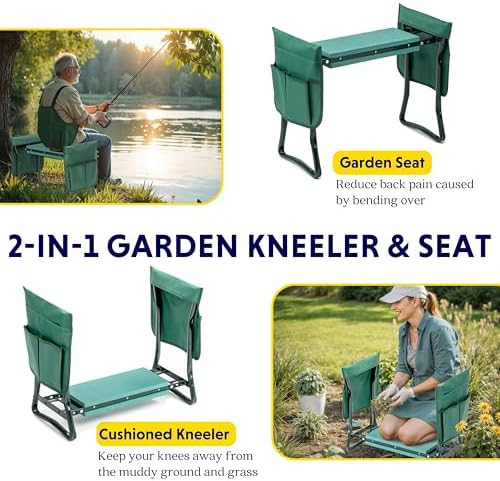 iPower Garden Kneeler and Seat Foldable Kneeling Bench with Sturdy Soft EVA Foam Pad for Outdoor, Fishing, Camping, 2 Tool Pouches Included, Green