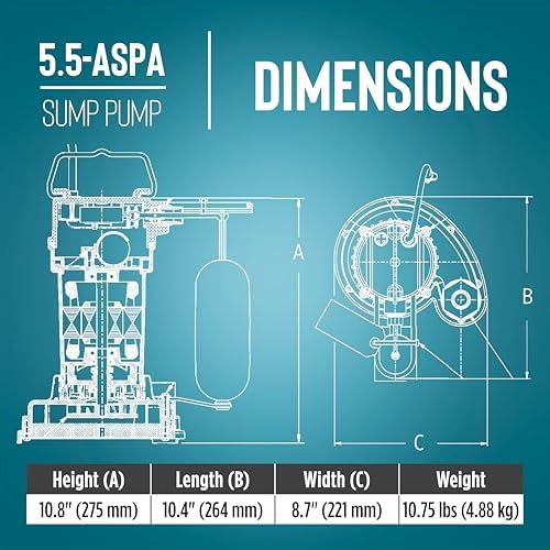 Little Giant 5.5-ASPA 115V, 1/4 HP Aluminum Automatic Sump Pump, 10' Cord | 2100 GPH, Submersible, Integral Snap Action Float Switch
