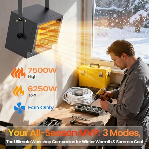 7500W Electric Garage Heater with Remote, 240V Hardwired Shop Heater | ECO Mode, 12H Timer, Ceiling Mount Design, Adjustable Thermostat