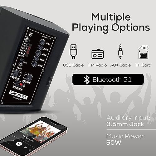 Dolphin Bluetooth Party Speaker with Wireless Microphone, 8" Woofer | 40W RMS, Tiltable Design, WaveSync TWS, LED Ring Light, USB/TF/AUX/FM