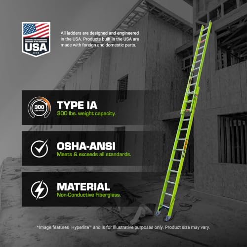 Little Giant HyperLite 16', Extension Ladder, Fiberglass | Lightweight Fiberglass Extension Ladder, Non-Conductive, For Electricians and Contractors