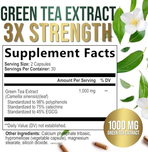 Green Tea Extract 1000mg Per Serving - 98% Polyphenols & 45% EGCG Capsules, Heart Support with Antioxidants - 3X Absorption Green Tea Pills Supplement, Natural Energy, Gentle Caffeine - 240 Capsules