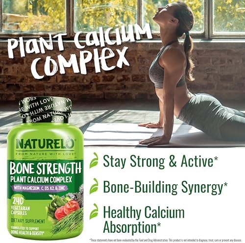 NATURELO Calcium Supplement with Vitamin C, D3, K2, 120 Vegetarian Capsules | Magnesium & Zinc for Bone Strength,Plant-Based Calcium 600mg , Non-GMO, Soy & Gluten-Free
