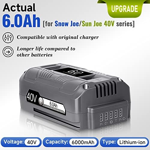 【Upgrade!】 40V 6.0Ah Replacement Battery for Snow Joe/Sun Joe Ecosharp 40V Tools Lithium-ion Battery Snow Blower Lawn Mower Pressure Washer. 40V