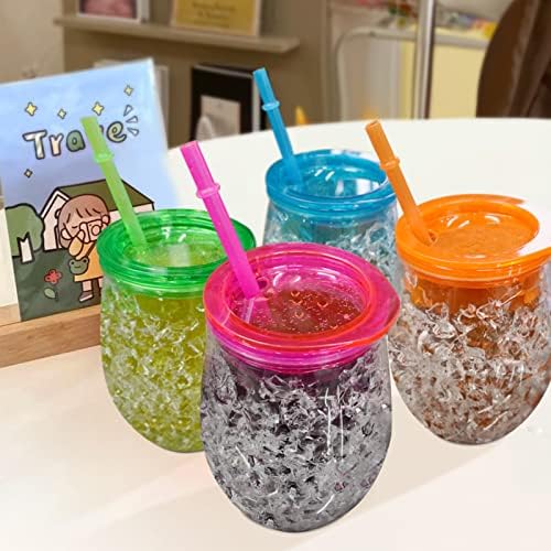 Cute Shape Frosty Freezer Ice Mugs with Straw Clear 11.8oz Set of 4(Red, green, blue and orange) (Oval)
