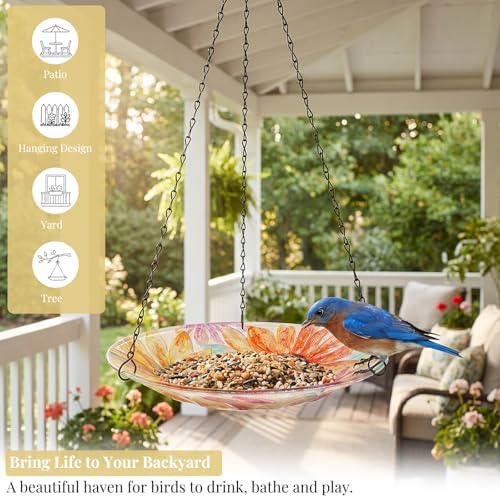 VCUTEKA Hanging Bird Baths Outdoor Glass Birdbath Feeder for Garden Decor