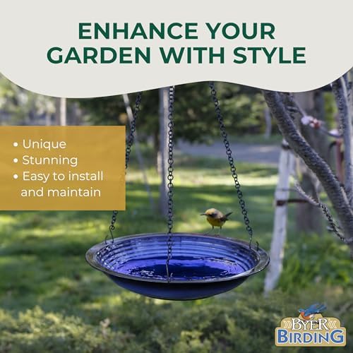 BYER OF MAINE Circles Hanging Bird Bath, Porcelain, Glaze Finish, Adjustable Chain, Sandy Granite, 14”x14”x34” adj