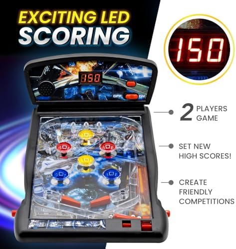 New Era Pinball Game Black – Interactive Tabletop or Floor Arcade Pinball Machine for Kids & Adults – LED Scoring, Lights & Sounds