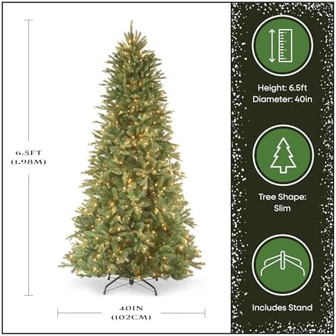 National Tree Company 7.5ft Pre-Lit Tiffany Fir Slim Christmas Tree | 600 Clear Lights, 1,878 Tips, Includes Stand, Artificial, Green