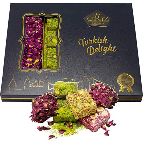 Cerez Pazari Turkish Delight Pistachio with Fantastic Rose & Pomegranate Flavour Experience in Luxury Gift Box 8.8 oz | Assorted Gourmet Soft Candy, Sweet Vegan Traditional Lokum (Loukoumi) (9-11 Pcs)