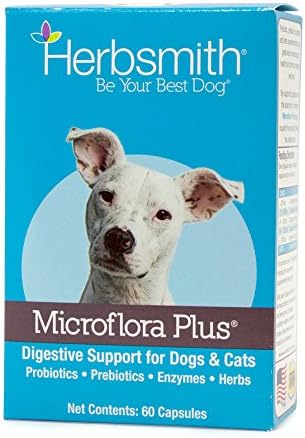 Herbsmith Microflora Plus – Dog Digestion Aid –Probiotics and Digestive Enzymes for Dogs – Prebiotic for Dogs – 60 Capsules