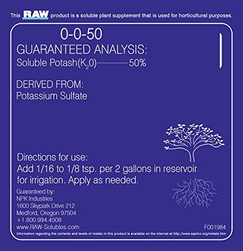 RAW Potassium Fertilizer - Water Soluble High Potassium for Plants, 8 oz | Fertilizer for Garden Use and Vegetable Cultivation - Bloom & Fruiting Plant, Hydroponic and Greenhouse Production