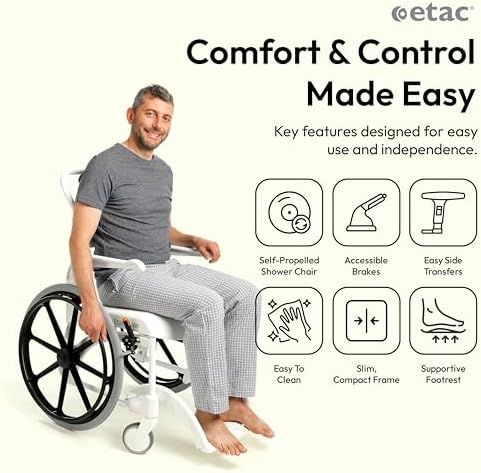Etac Clean 24" Self-Propelled Shower Chair with Wheels - 21 3/4 Inch Fixed Height with 24 Inch Rear Wheels - Shower Wheelchair for Elderly and Disabled - Movable Armrest & Ergonomic Footrest
