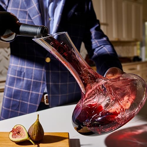 Large Elegant Red Wine Decanter with Aerator Pourer, 1600ml. - Hand Blown Lead-Free Crystal Glass Carafe for Cabernet, Merlot, Home Bar Accessory