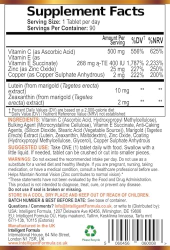 Vision Defender AREDS2 Eye Vitamins - Lutein Zinc Copper, Vegan, 90 Tablets | Eye Health Supplements, Vitamin C & E, Zeaxanthin
