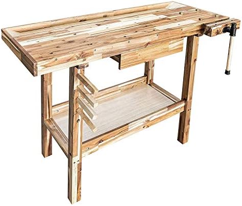 Olympia Tools 48 Inch Acacia Hardwood Woodworking Carpentry Work Bench Table with Built in Vise, Storage Drawer and Shelf, 330 Pound Capacity