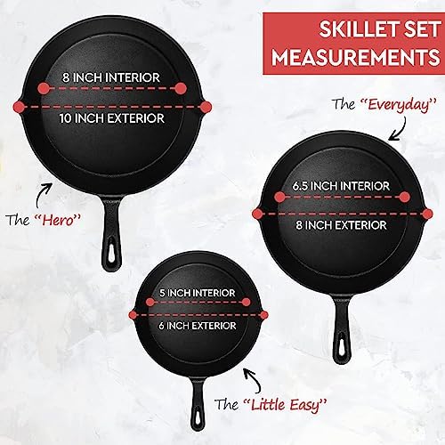 Cast Iron Skillet 3-Piece Set w/Cookbook - Heavy-Duty Professional Restaurant Chef Quality Pre-Seasoned Pan Cookware - 10", 8", 6.25" Pans - For Frying, Saute, Cooking, Pizza - Black