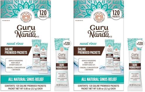 GuruNanda PreMixed Saline Packets for Nasal Rinse (120 Count), All Natural Sinus Rinse Packets to Help with Allergies & Congestion Relief, 0.08oz Each