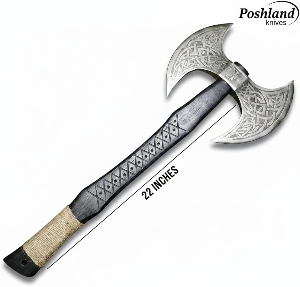 Poshland AX-7000 Custom Gift Forged Carbon Steel Viking Axe with Rose Wood Shaft, Viking Bearded Camping Axe