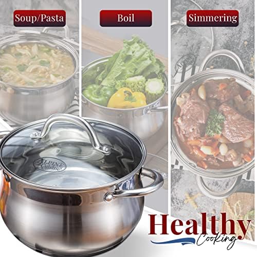 Alpine Cuisine 2-Quart Stainless Steel Dutch Oven with Tempered Glass Lid, Belly Shape, Heavy Duty & Dishwasher Safe